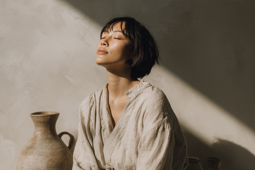 Woman in a beige robe sitting in a sunlit room with a vase and cloth in the background
